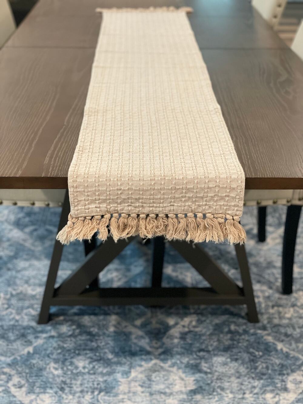 Boho Textured Table Runner Size 67.5 Neutral Cream Woven Cotton Pebble Fringe